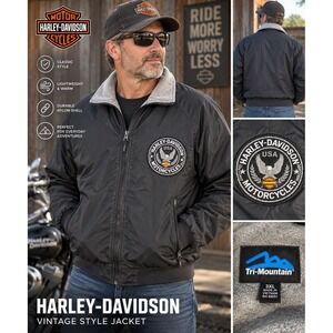 Harley Davidson Mens 3XL Black Fleece Lined Bomber Jacket Embroidered Patch